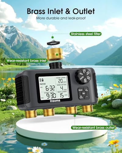 Insoma 4 Zones Sprinkler Timer with Brass Inlet & Outlet, Water Timer for Garden Hose with Auto/Manual/Rain Delay Mode, Hose Timers for Irrigation Watering System for Yard, Lawn, Plant Watering - size: 4 Outlets