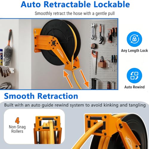 Retractable Air Hose Reel, 3/8" x 65FT Hybrid Air Hose, 300PSI Max, Auto-Rewind & Length-Lock, 1/4" NPT Fitting, Ceiling/Wall Mount Heavy Duty Dual Arm Steel Reel for Workshop/Garage - size: 3/8"x65ft Dual Arm