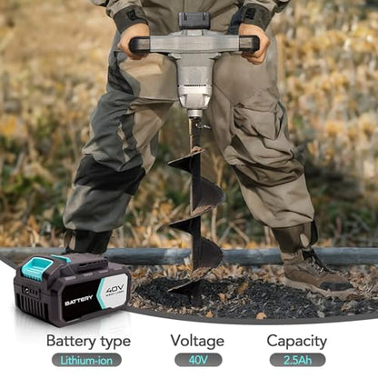 40V Brushless Cordless Earth Auger 6 Inch Post Hole Digger w/ 2,5AH Battery, 4A Charger, Led Work Light，Forward & Reverse Direction
