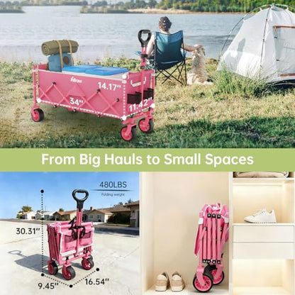 34" Extra Long Collapsible Wagon Cart, 480LBS Capacity, Rose Pink - color: Rose Pink