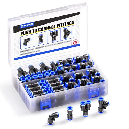 TAILONZ 1/4" Push to Connect Fitting Splitters+Elbows+Tees+Straight 80pcs - color: Blue, size: 1/4"OD/80PCS