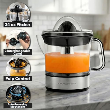 OVENTE Electric Citrus Juicer Machine with 2 Cones, 24 oz, Black JE2572B - color: Black