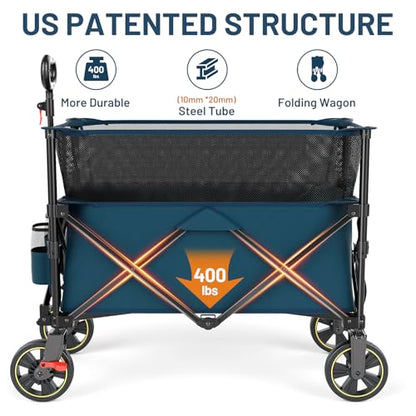 Timber Ridge 350L Extra Large Collapsible Folding Wagon Carts with Brake - color: Blue, size: 350L