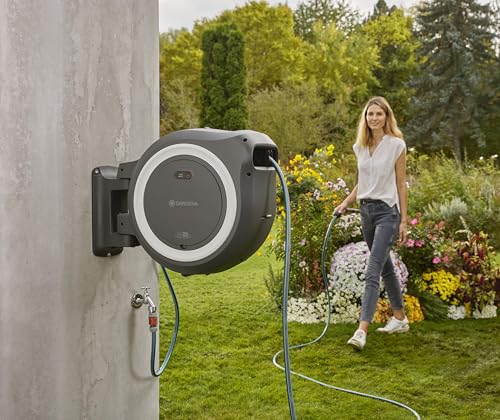 Gardena Battery-Powered Wall-Mounted Hose Box PowerRoll XL: 35m Garden Hose, Automatic Roll-Up, Black