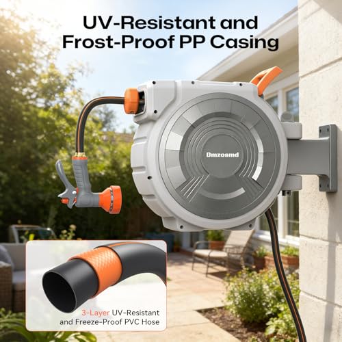 Retractable Garden Hose Reel, 1/2 Inch 150FT Wall Mounted Heavy Duty Garden Hose Reel with 9 Patterns Nozzle, Any Length Lock, Upgraded Slow Return System and 180°Swivel Metal Bracket (1/2" 150FT) - size: 1/2" 150FT
