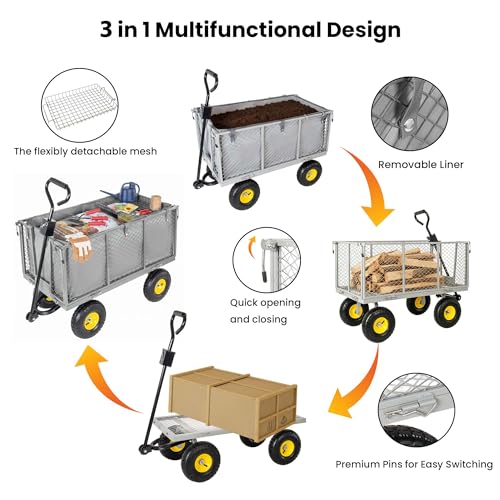 3-in-1 Oversized Steel Garden Cart 880lbs Pullable Mesh Metal Utility Cart All-Terrain Wagon with Removable Liner Side Panels Mesh Tray for Lawn Patio Landscaping (Gray + Steel) - color: Gray + Steel