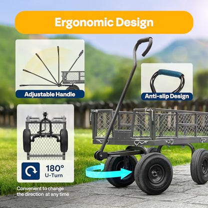 VIVOHOME Heavy Duty 880 Lbs Capacity Mesh Steel Garden Cart Folding Utility Wagon with Removable Sides and 4.10/3.50-4" Wheels 10 inch Tire (Grey) - color: Gray