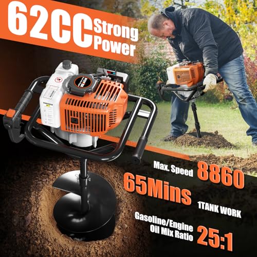 Baotree 62cc Gas Powered Post Hole Digger Earth Auger, 6" & 8" Bits, 2 Rods - size: 62cc