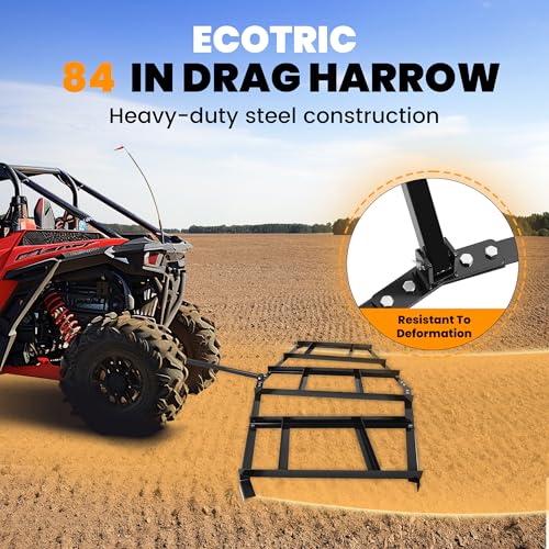 ECOTRIC 84 in Width Drag Harrow Heavy Duty Compatible with ATV UTV and Garden Tractor Tow Behind Landscape Drag Driveway Grader with Adjustable Pin-Style Hitch Steel Powder Coated Black
