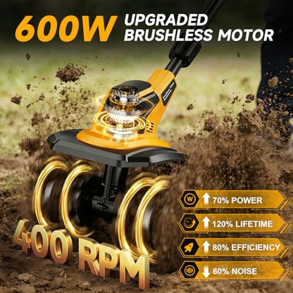 Brushless Cordless Tiller Cultivator Compatible with Dewalt 20V Battery (Tool Only), 400RPM Electric Garden Rototiller, 9In Width 7In Depth with 48 Steel Tines for Soil Cultivation & Gardening