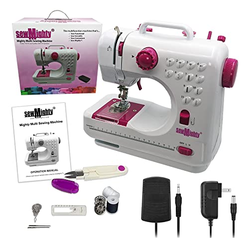Mini Sewing Machine – Portable, Battery & AC Powered, 12 Programmed Stitch Patterns, Dual Speed – Sews Forward & Reverse, AC Power or Battery Operated – Includes Foot Pedal - style: Mighty Multi
