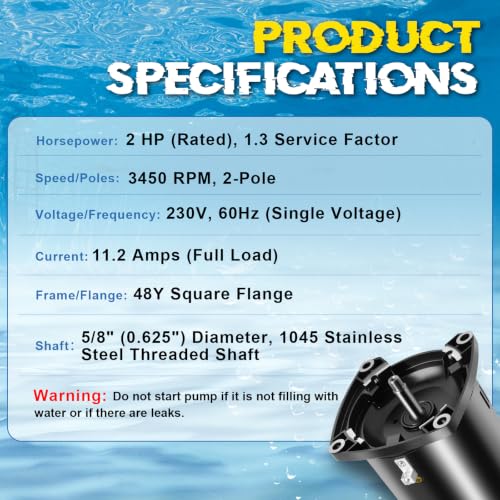 SQ1202 Pool Pump Motor 2HP 48Y Frame Fit for Century A.O.Smith Single Speed - size: 2 HP SQ1202 48Y Frame