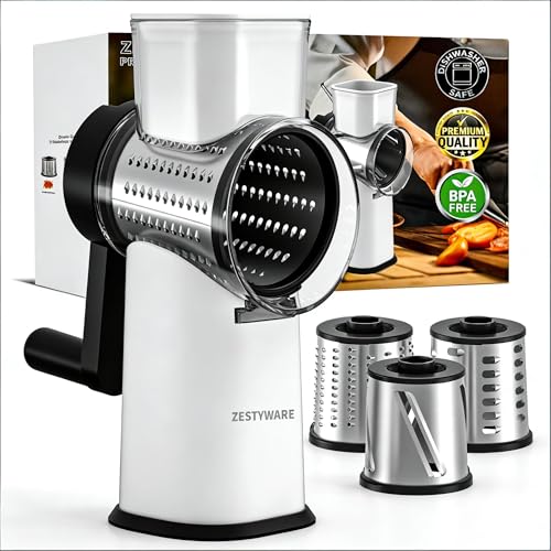 Rotary Cheese Grater Hand Crank with Foldable Handle, Three Blades - color: White