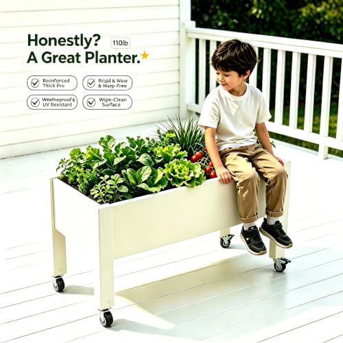Elevated Raised Garden Bed with Wheels，74" Planter Outdoor Plants,White - color: White, size: 26.3"h
