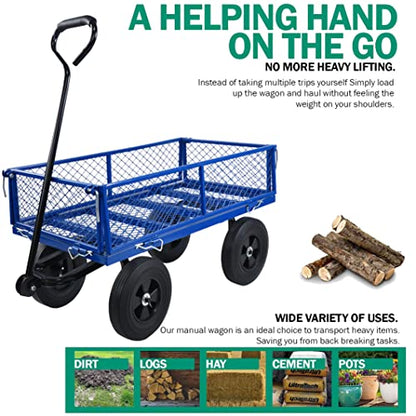 Solid Wheels 10" Flat Free Tires Steel Garden Wagon cart A Large-Capacity mesh with a Load of 1100LBS,with Detachable Side and no Pneumatic Tires,can be Used in Farms,Warehouses,etc. - color: Blue -Solid Wheels