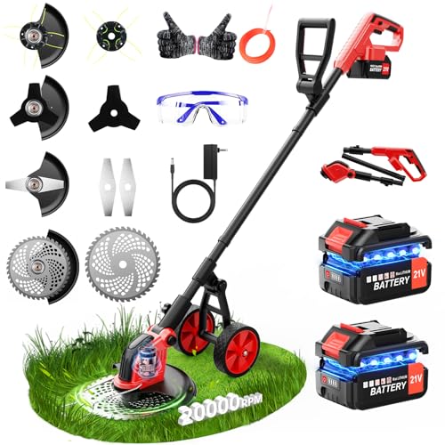 20000RPM Electric Weed Wacker Cordless with Wheel,12"Electric Weed Eater Battery Powered,4-in-1 Heavy Duty Brush Cutter/String Trimmer/Grass Trimmer/Edger,Stringless Metal Blade Weed Trimmer,2 Battery