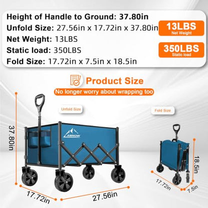 AMNOW 100L Collapsible Wagon Cart with All Terrain Wheels, 350LBS, Blue - color: Blue-3