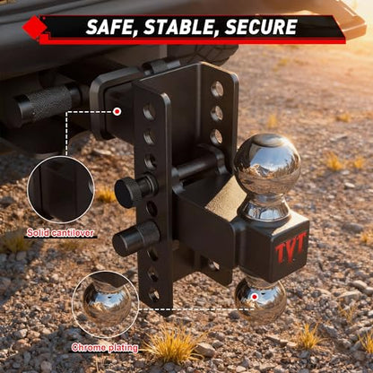 TYT Adjustable Trailer Hitch Ball Mount for 2-Inch Receiver, 12,500 lbs GTW - size: Dual Ball, 6" Drop/Rise, 2" Receiver
