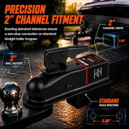 NBJINGYI Straight Trailer Coupler for 2" Ball and 2" Channel Tongue, 3500 lbs Gross Weight Capacity, E-Coated Black Steel for Boat, Utility and Equipment Trailers - size: BALL 2", CHANNEL 2" 3500LBS Black