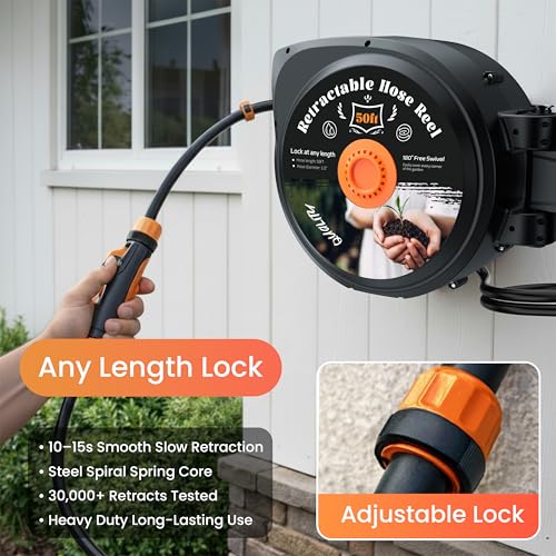 Retractable Garden Hose Reel, 50ft x 1/2", Wall Mounted, 10-Pattern Nozzle - size: 50FT