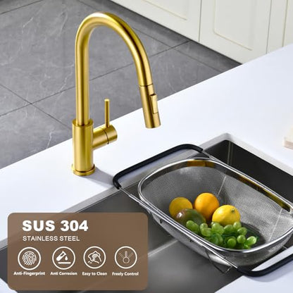 Tohlar Gold Kitchen Faucet with Pull Down Sprayer and Deck Plate - color: Brushed Gold, style: Standard