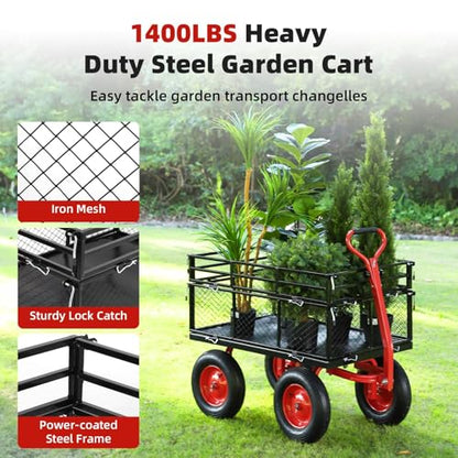 1400 Lbs Steel Garden Cart, Utility Wagon with Removable Mesh Sides