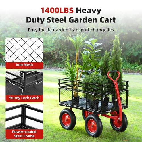 Heavy-Duty Garden Utility Cart, 1400 Lb Load Capacity Wagon with Removable Mesh Sides, 10-Inch Wheels and Swivel Handle for Outdoor Use