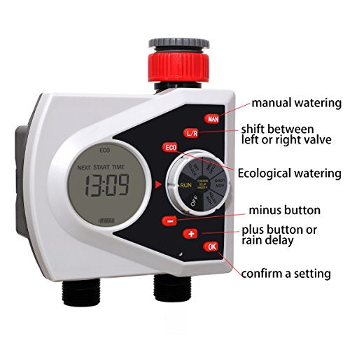 Dual Outlet Water Hose Timer, LCD Display, ECO Mode for Garden - style: 2 Outlet Timer