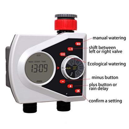 Dual Outlet Water Hose Timer, LCD Display, ECO Mode for Garden - style: 2 Outlet Timer