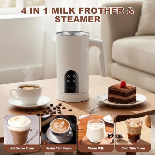 4 in 1 Electric Milk Frother Automatic Hot & Cold Foam Maker Auto Shut-Off Durable Stainless Steel Milk Frother Silent Working Easy to Clean for Cappuccino, Hot Chocolate (White) - color: White