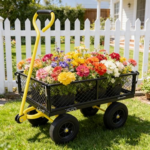 Heavy Duty Steel Garden Cart, Metal Utility Wagon Cart with Handle and Solid No-Flat Tires, 2-in-1 Convertible Flatbed Wagon with Removable Sides for Farm, Yard, Beach, Black+Yellow - color: Black+yellow