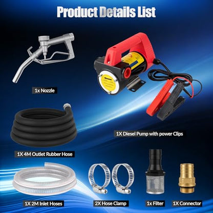 12V Diesel Transfer Pump Kit, 11.9 GPM Electric Fuel Pump with Nozzle Hoses