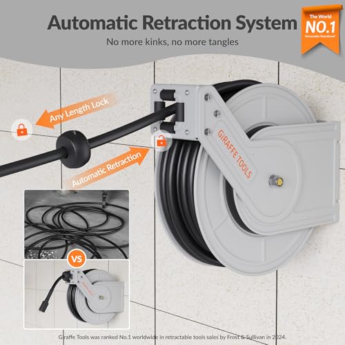 Giraffe Tools Pressure Washer Hose Reel with 65ft Replaceable Hose, Power Washer Retractable Hose Reel, Heavy Duty, Wall/Floor Mounted, 3200 PSI