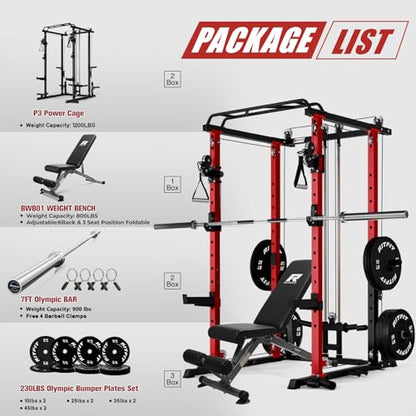 RitFit PPC-P3 Power Cage with Cable Crossover System, 1200LB Capacity - color: Red, style: Package 1.5K (with BP 230lbs Plates)
