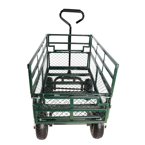 Heavy Duty Utility Wagon, 600lbs Capacity Garden Cart On Wheels, Steel Garden Carts with Removable Mesh Sides, 180° Rotating Handle & 10 Inch Tires for Lawn Mower, Tractor, Garden Waste - color: C-green