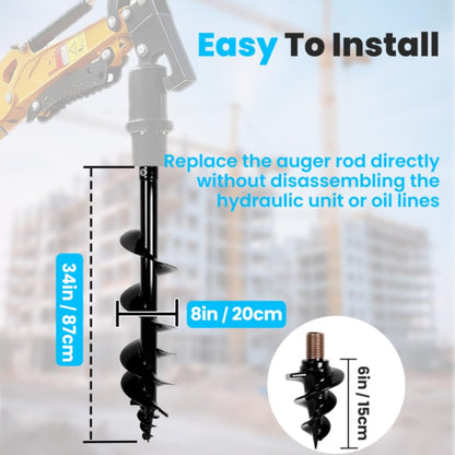 Auger Drill Rod for Mini Excavator, 8 Inch Bit, 45.5 mm Connection, Detachable Design for Effortless Swapping and Post Hole Digging
