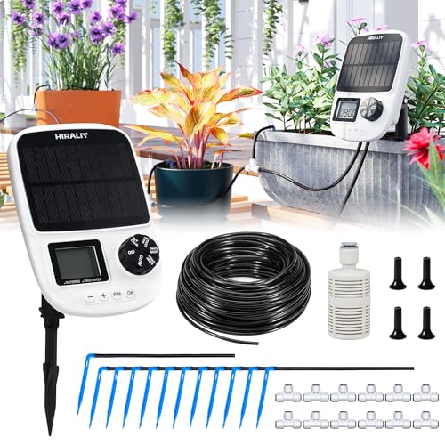 HIRALIY Solar Automatic Drip Irrigation System, Solar Powered Watering Device with Timer for Pots Plants, Drip Emitter Stake, with USB Port, for Indoor Irrigation Kit