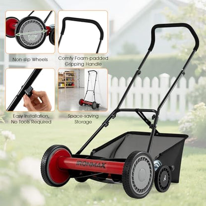 IRONMAX 18 Inch 5-Blade Push Reel Mower, Removable Grass Catcher, Red - color: Red, size: 18 Inch