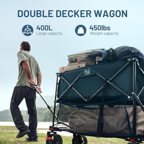Timber Ridge 400L Folding Double Decker Wagon with Brakes, 54" Extra Long - color: Blue, size: Double Decker