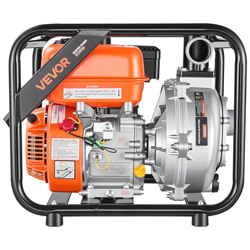 VEVOR Gas Powered Water Pump, 2 in, 128 GPM 6HP Semi Trash Water Transfer Pump Portable, Gasoline Engine with 25 ft Discharge Hose, Heavy Duty Frame, Cast Iron Impeller, for Irrigation, Ponds, Pools - size: 2in 6.0 HP 128GPM