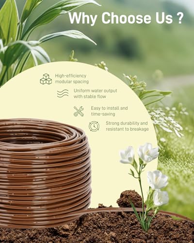 1/4" Drip Irrigation Tubing with 6" Emitter Spacing, (250 Ft Roll) Hydroponics Dripline with Built-in 0.5 GPH Dripper, Drip Line for Vegetation, Window Boxes and Garden (Brown) - size: 250FT