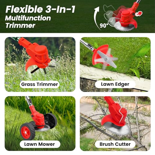 ALSO GO 24V Electric Weed Wacker with Wheels, Grass Trimmer Cordless - color: Bright Red