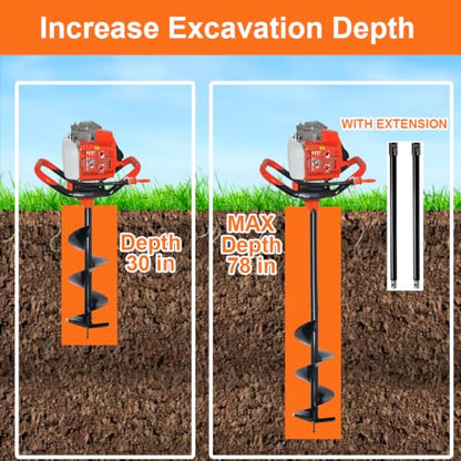 72CC Gas-Powered Post Hole Digger, 2 Stroke Auger, Orange - size: 72CC