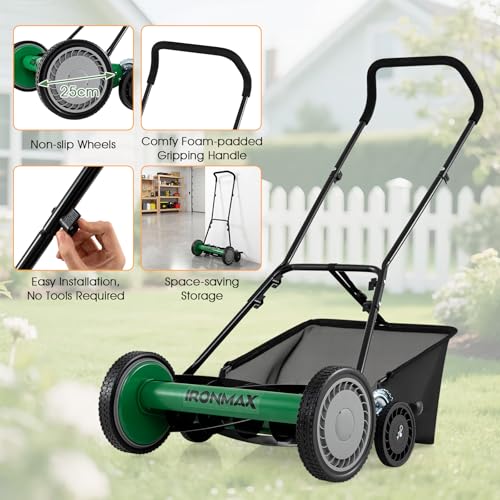 IRONMAX 18 Inch 5-Blade Push Reel Mower, Removable Grass Catcher, Green - color: Green, size: 18 Inch