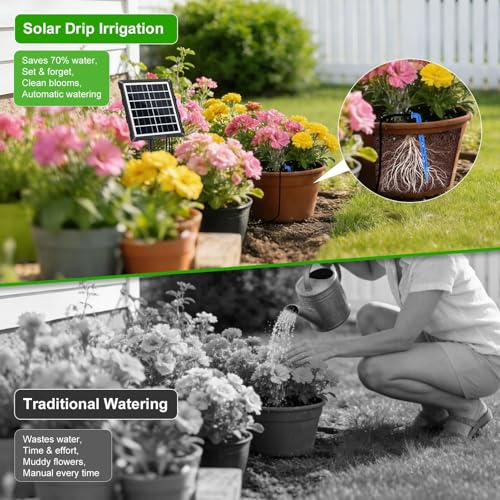 Solar Automatic Drip Irrigation Kit System, 50FT Solar Powered Auto Easy DIY Watering Device Supported Pots Plants, 6 Timing Modes with Anti-Siphoning Device
