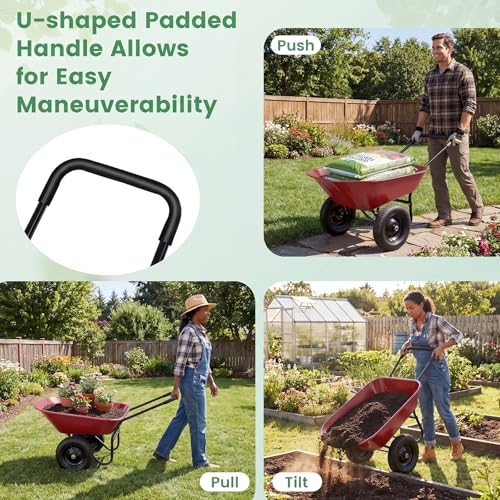 S AFSTAR Wheelbarrow Cart, Heavy Duty Garden Cart with Two 14-inch Pneumatic Tires, Utility Cart for Outdoor Lawn Yard Farm Ranch (Red) - color: Red