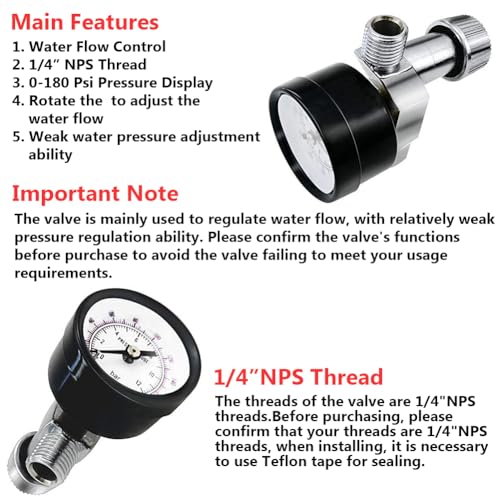 Beduan Flow Control Valve, 1/4" NPS Water Pressure Reducer Adjustable Control Valve with Gauge