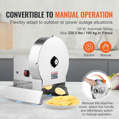 VEVOR Electric Vegetable Slicer, 0-0.5"/0-12mm Thickness Adjustable Commercial Slicer Machine, Convertible to Manual, Stainless Steel Food Cutter Slicing Machine, for Potato, Lemon, Tomato, Apple - size: Electric-Vegetable-Stainless Steel