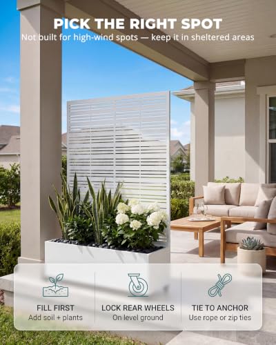 Privacy Planter Box with Trellis, 73 in Tall Metal Screen, White - color: Matte White