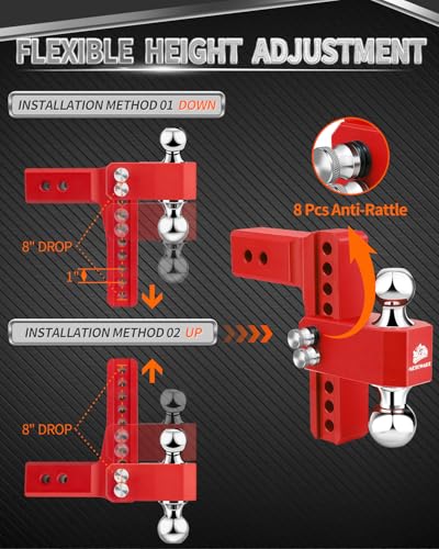 METOWARE Aluminum Adjustable Trailer Hitch, Fits 2.5'' Receiver, 8'' Drop - color: Red, size: 8'' Drop